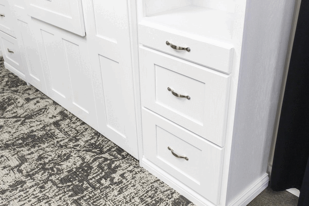 Table Face Murphy Bed Vertical Queen Oak Painted White With Side Cabinets and Roll Desk Discounted