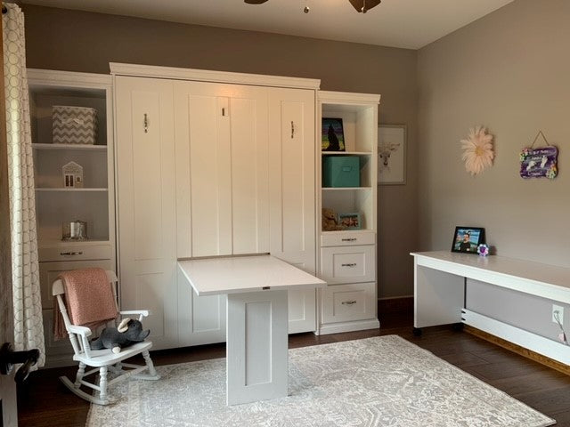 Table Face Murphy Bed Vertical Queen Oak Painted White With Side Cabinets and Roll Desk Discounted