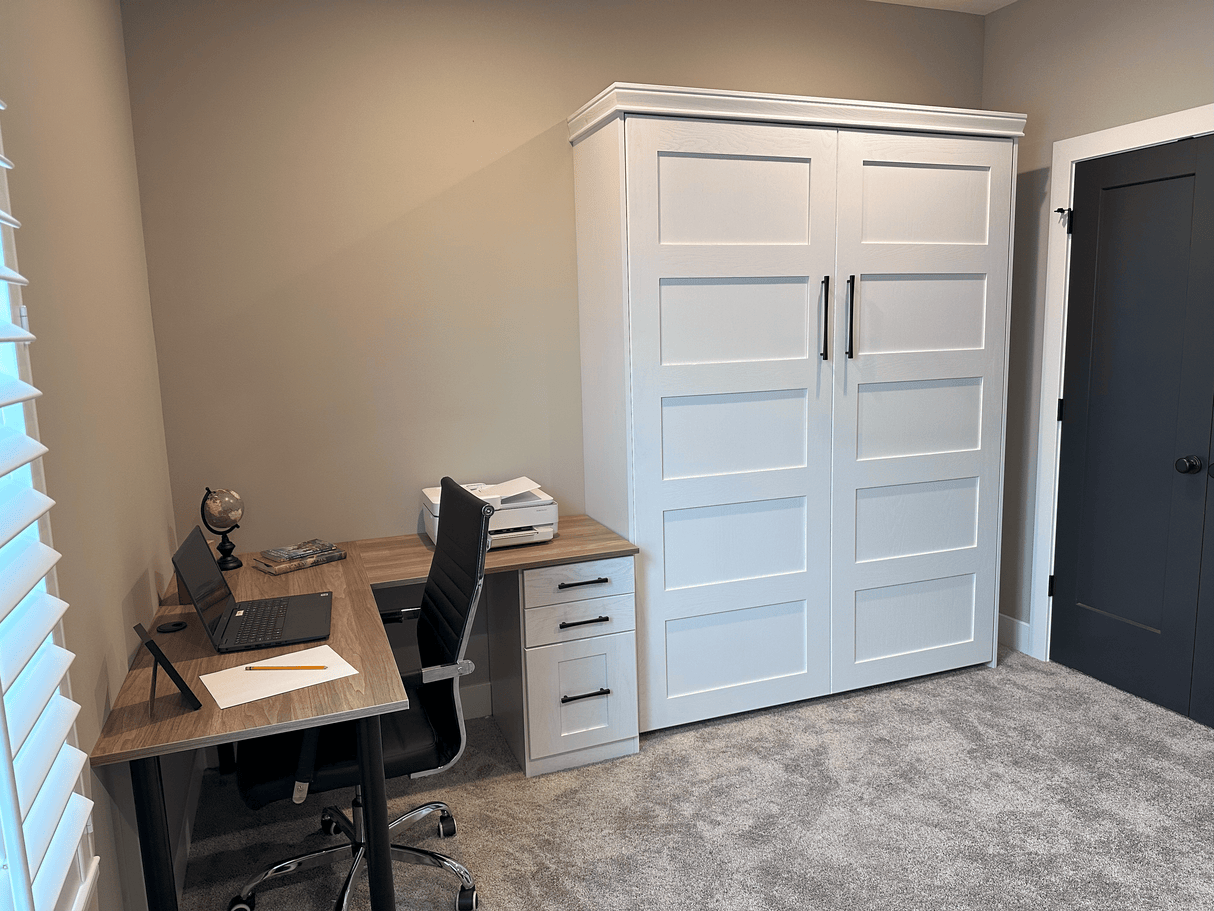 Vertical Queen Oak Painted White Wood Lake View Face - V122 Workstation Package - Meridian Closets